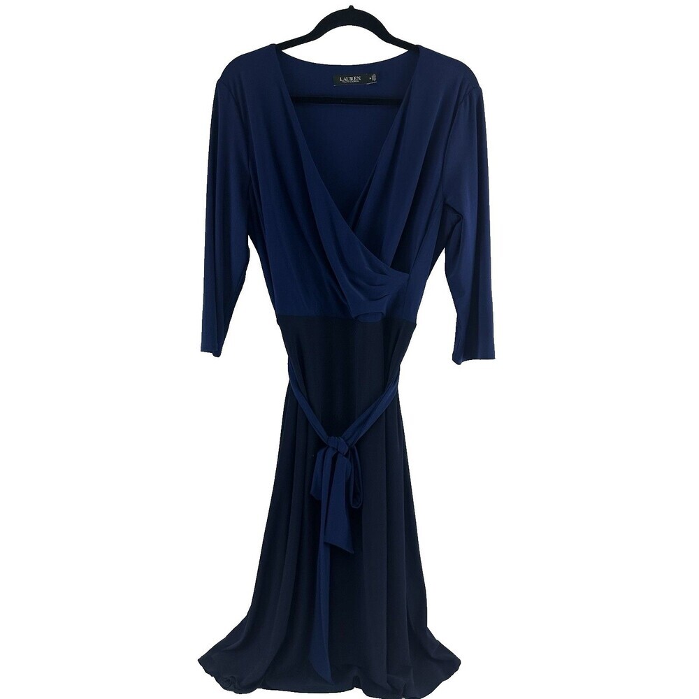 Lauren Ralph Lauren Dress Two Tone Blue 3/5 Sleeve Flare Belt Surplice V-Neck 16